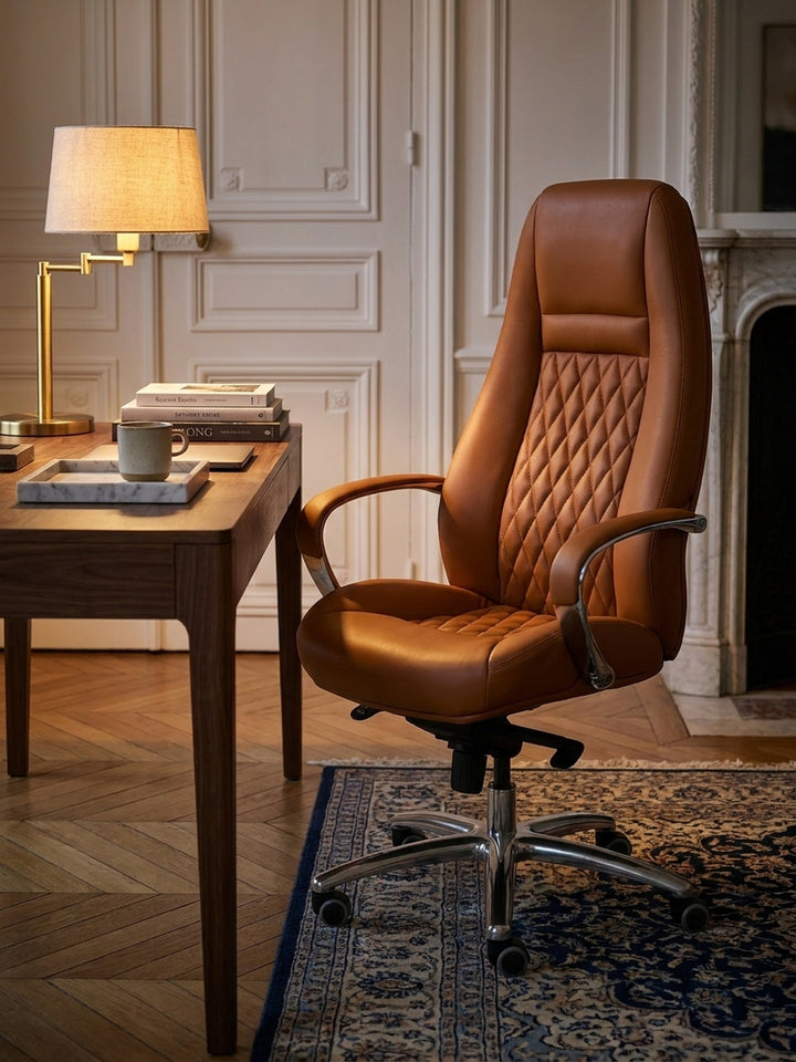 Bürostuhl aus hochwertigem Echtleder im Einsatz Home Office dekoriert mit Styling-Accessoires Wohnatmosphäre mit Rollen und Höhenverstellung gemütlich eingerichtet Wohnen Einrichtung_