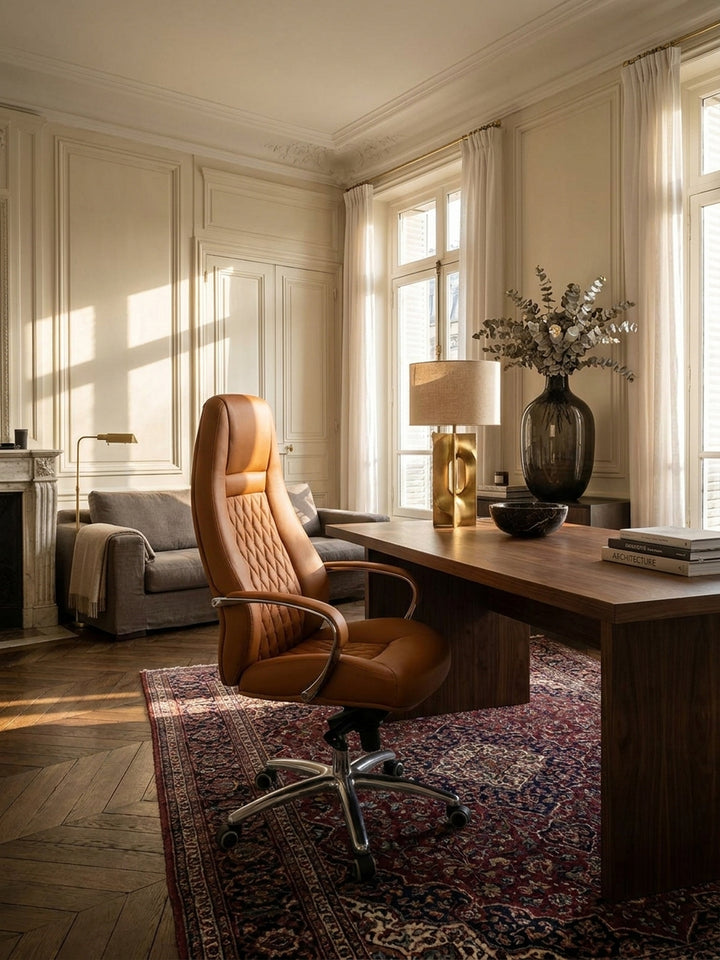 Bürostuhl Echtleder 70x68x130 cm in elegantem Pariser Home Office Einrichtung Design Möbel mit Rollen und Höhenverstellung hochwertig modern stilvoll einrichten Wohnen Interior Zuhause_