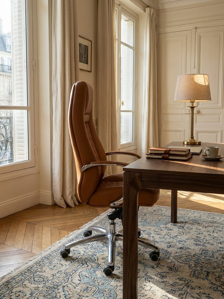 Bürostuhl Echtleder 70x68x130 cm kombiniert mit passenden Möbeln Home Office Einrichtungsidee Möbelensemble mit Rollen und Höhenverstellung harmonisch Wohnen Interior Zuhause Design_