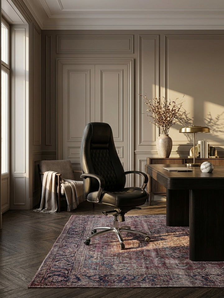 Bürostuhl Echtleder schwarz Nahaufnahme natürliche Leder-Oberfläche schwarz mit charakteristischer Narbung und Patina mit Rollen und Höhenverstellung Qualität Möbel Home Office Wohnen_