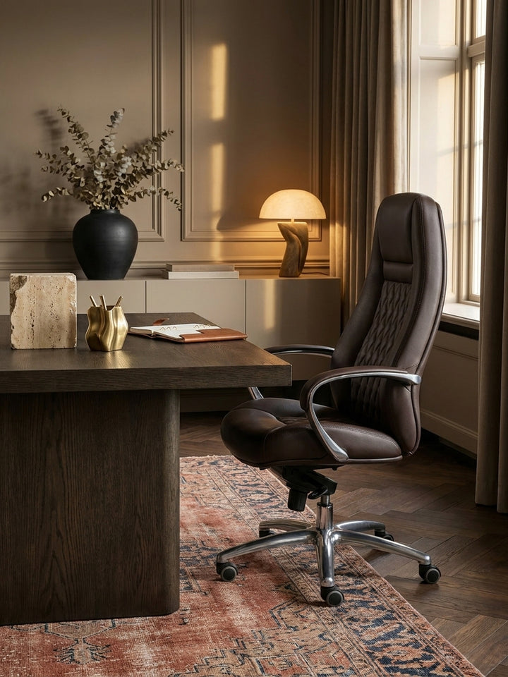 Bürostuhl Echtleder braun Nahaufnahme natürliche Leder-Oberfläche braun mit charakteristischer Narbung und Patina mit Rollen und Höhenverstellung Qualität Möbel Home Office Wohnen_