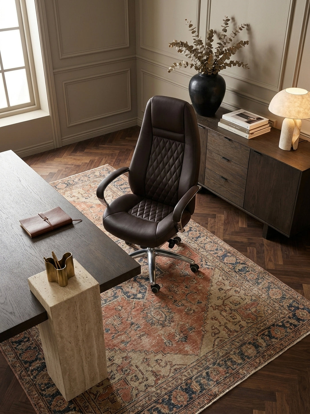 Bürostuhl Echtleder braun 70x68x130 cm Wohnidee Home Office Einrichtungsidee stilvoll kombinieren mit Rollen und Höhenverstellung Design Möbel Inspiration Wohnen Interior Zuhause Wohnzimmer_