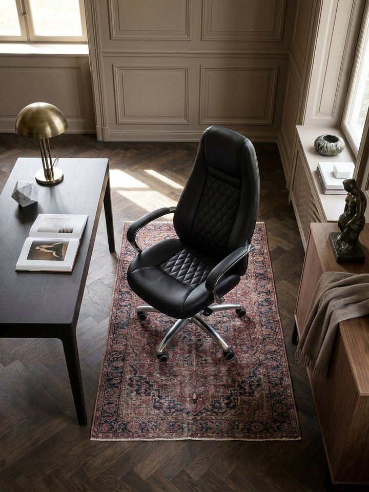 Bürostuhl Echtleder schwarz 70x68x130 cm Wohnidee Home Office Einrichtungsidee stilvoll kombinieren mit Rollen und Höhenverstellung Design Möbel Inspiration Wohnen Interior Zuhause_
