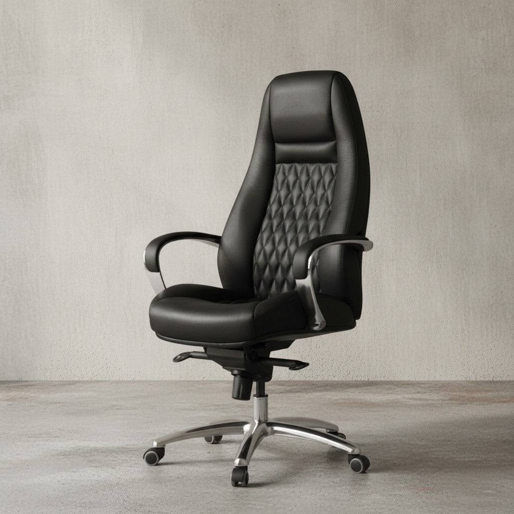 Chefsessel MADRID Echtleder_ ergonomisch_ Aluminium-Fußkreuz_ bis 120 kg_ 8 Stunden Sitzdauer - KADIMA DESIGN_Farbe_ Schwarz_ Größe_ 70x68x130 cm_