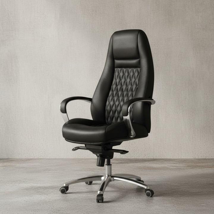 Chefsessel MADRID Echtleder_ ergonomisch_ Aluminium-Fußkreuz_ bis 120 kg_ 8 Stunden Sitzdauer - KADIMA DESIGN_Farbe_ Schwarz_ Größe_ 70x68x130 cm_