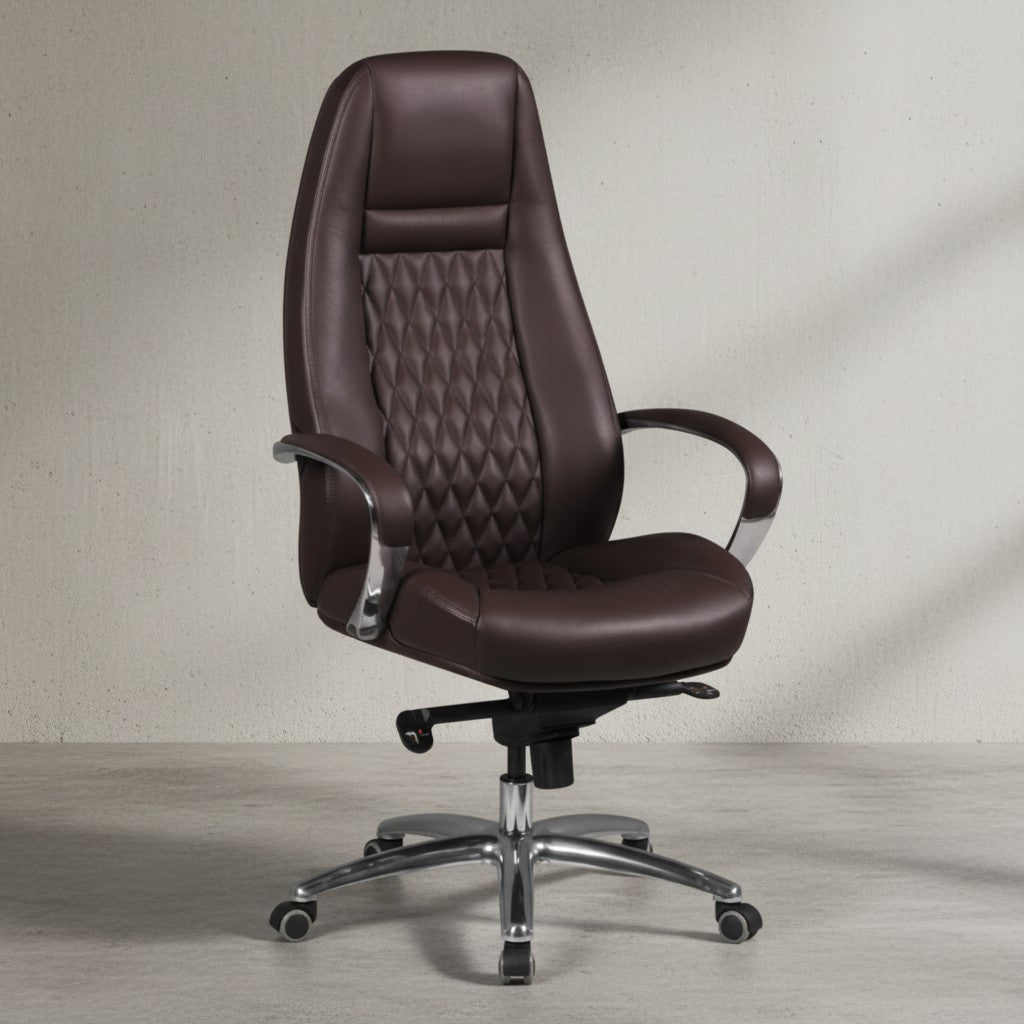 Chefsessel MADRID Echtleder_ ergonomisch_ Aluminium-Fußkreuz_ bis 120 kg_ 8 Stunden Sitzdauer - KADIMA DESIGN_Farbe_ Braun_ Größe_ 70x68x130 cm_