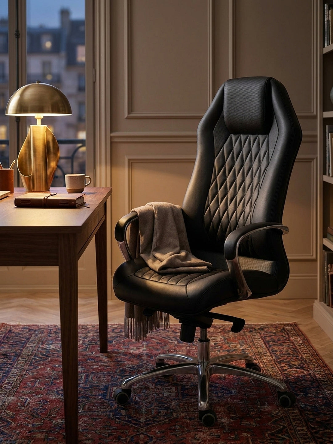 Bürostuhl aus hochwertigem Echtleder schwarz im Einsatz Home Office dekoriert mit Styling-Accessoires Wohnatmosphäre mit Rollen und Höhenverstellung gemütlich eingerichtet Wohnen Einrichtung_