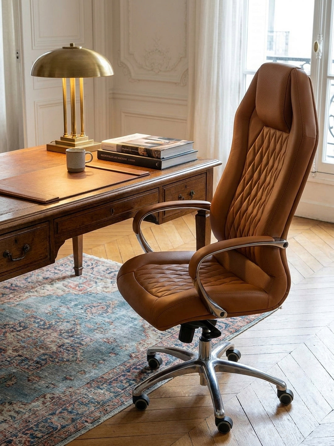 Bürostuhl aus hochwertigem Echtleder im Einsatz Home Office dekoriert mit Styling-Accessoires Wohnatmosphäre mit Rollen und Höhenverstellung gemütlich eingerichtet Wohnen Einrichtung_
