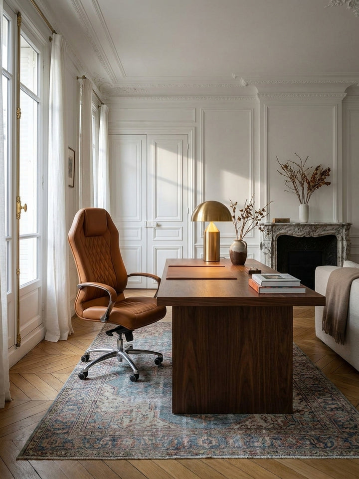 Bürostuhl Echtleder 70x67x136 cm kombiniert mit passenden Möbeln Home Office Einrichtungsidee Möbelensemble mit Rollen und Höhenverstellung harmonisch Wohnen Interior Zuhause Design_