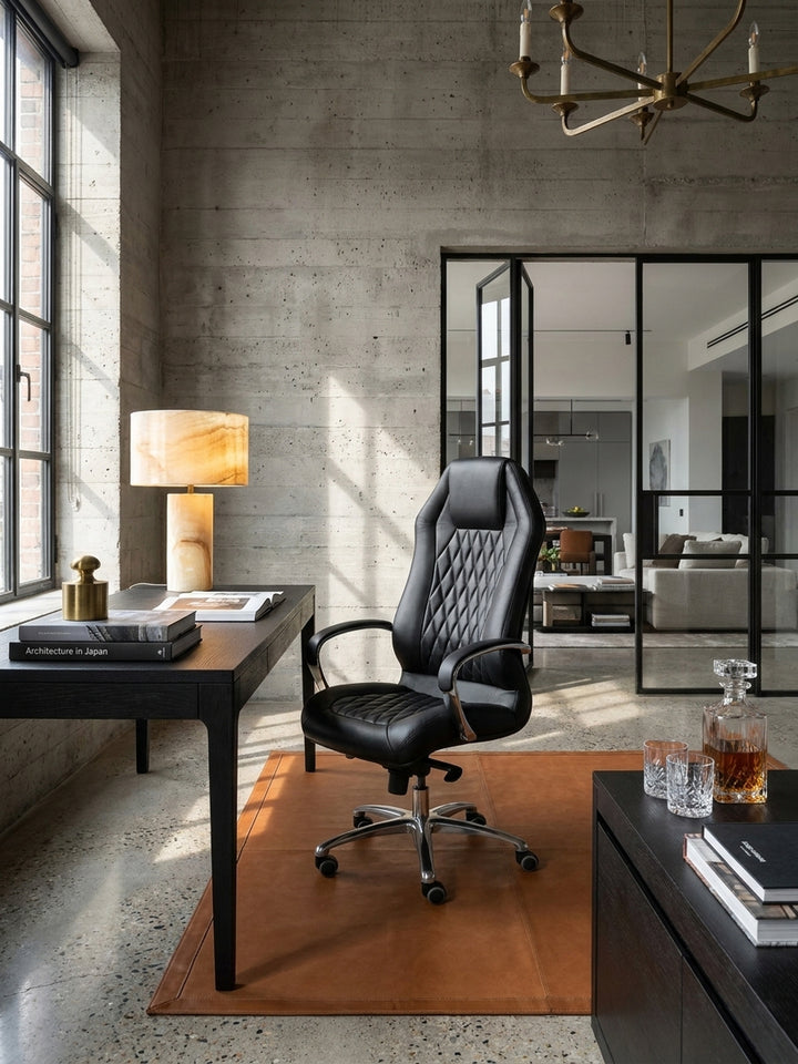 Bürostuhl Echtleder schwarz Nahaufnahme natürliche Leder-Oberfläche schwarz mit charakteristischer Narbung und Patina mit Rollen und Höhenverstellung Qualität Möbel Home Office Wohnen_