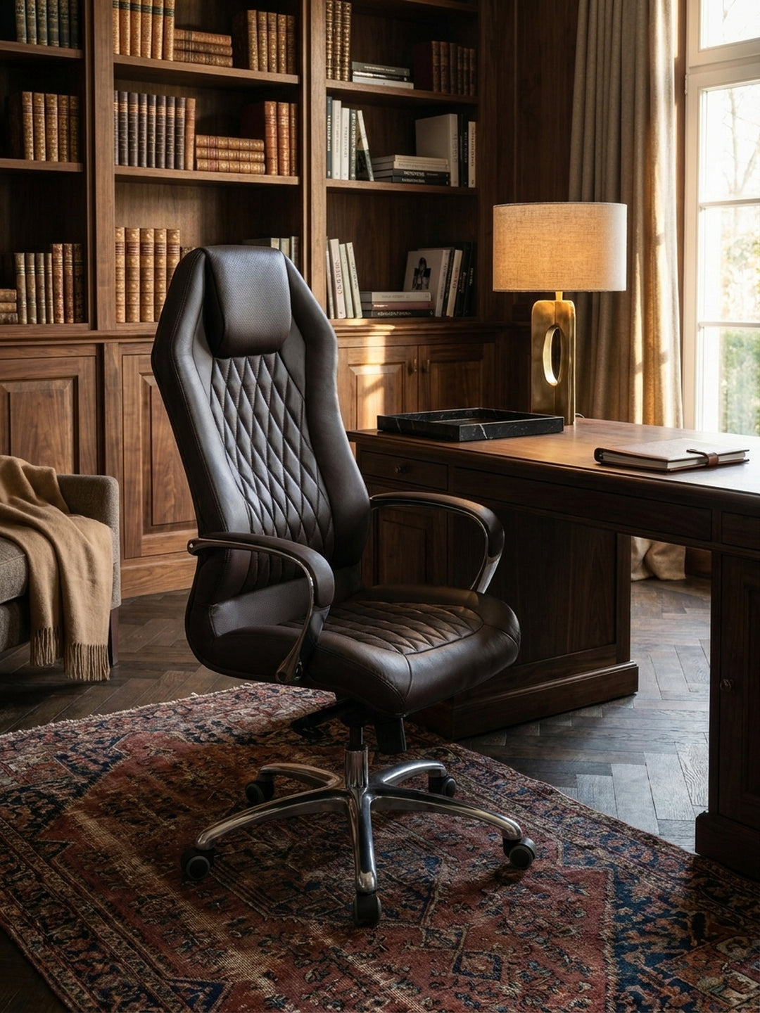 Bürostuhl Echtleder braun Nahaufnahme natürliche Leder-Oberfläche braun mit charakteristischer Narbung und Patina mit Rollen und Höhenverstellung Qualität Möbel Home Office Wohnen_