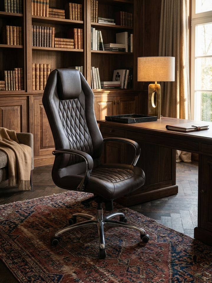 Bürostuhl Echtleder braun Nahaufnahme natürliche Leder-Oberfläche braun mit charakteristischer Narbung und Patina mit Rollen und Höhenverstellung Qualität Möbel Home Office Wohnen_