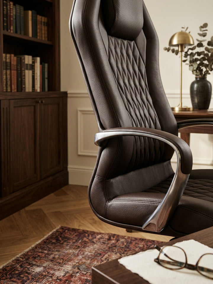 Bürostuhl Echtleder braun Nahaufnahme natürliche Leder-Oberfläche braun mit charakteristischer Narbung und Patina mit Rollen und Höhenverstellung Qualität Möbel Home Office Wohnen_