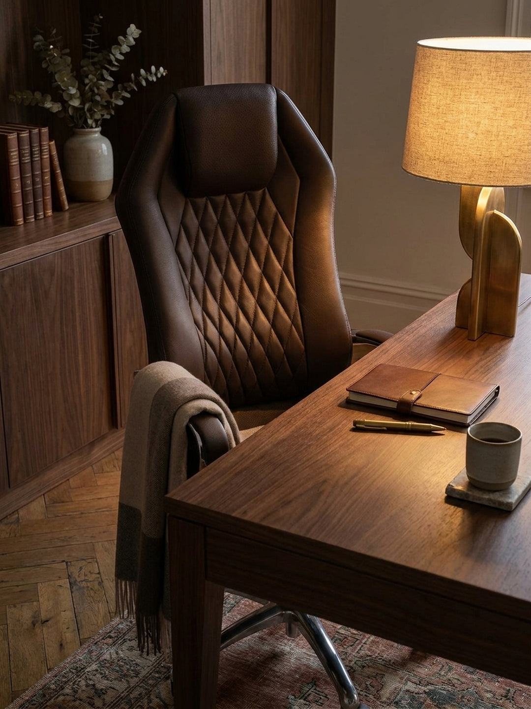 Bürostuhl aus hochwertigem Echtleder braun im Einsatz Home Office dekoriert mit Styling-Accessoires Wohnatmosphäre mit Rollen und Höhenverstellung gemütlich eingerichtet Wohnen Einrichtung_
