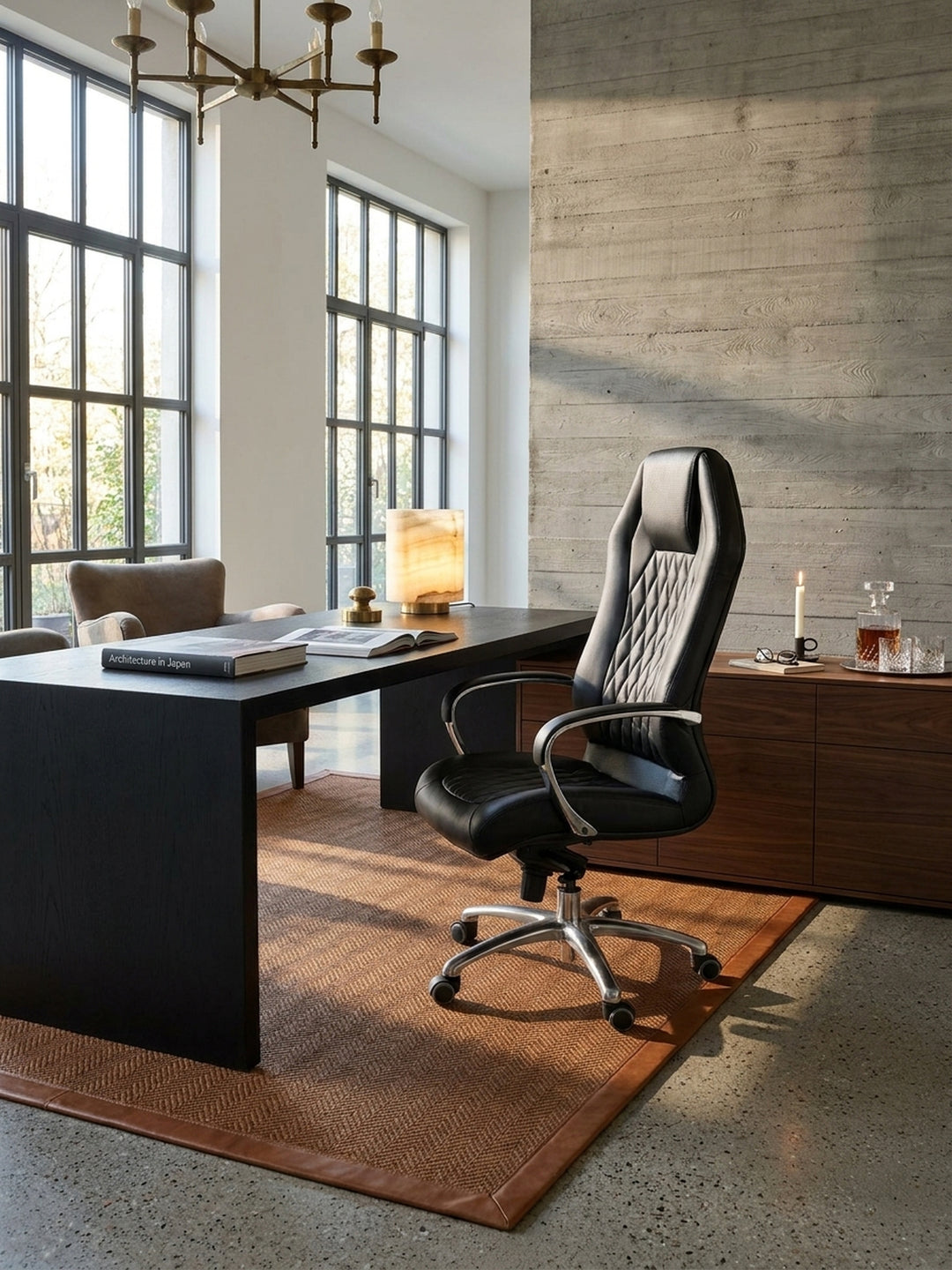 Bürostuhl Echtleder schwarz 70x67x136 cm kombiniert mit passenden Möbeln Home Office Einrichtungsidee Möbelensemble mit Rollen und Höhenverstellung harmonisch Wohnen Interior Zuhause Design_