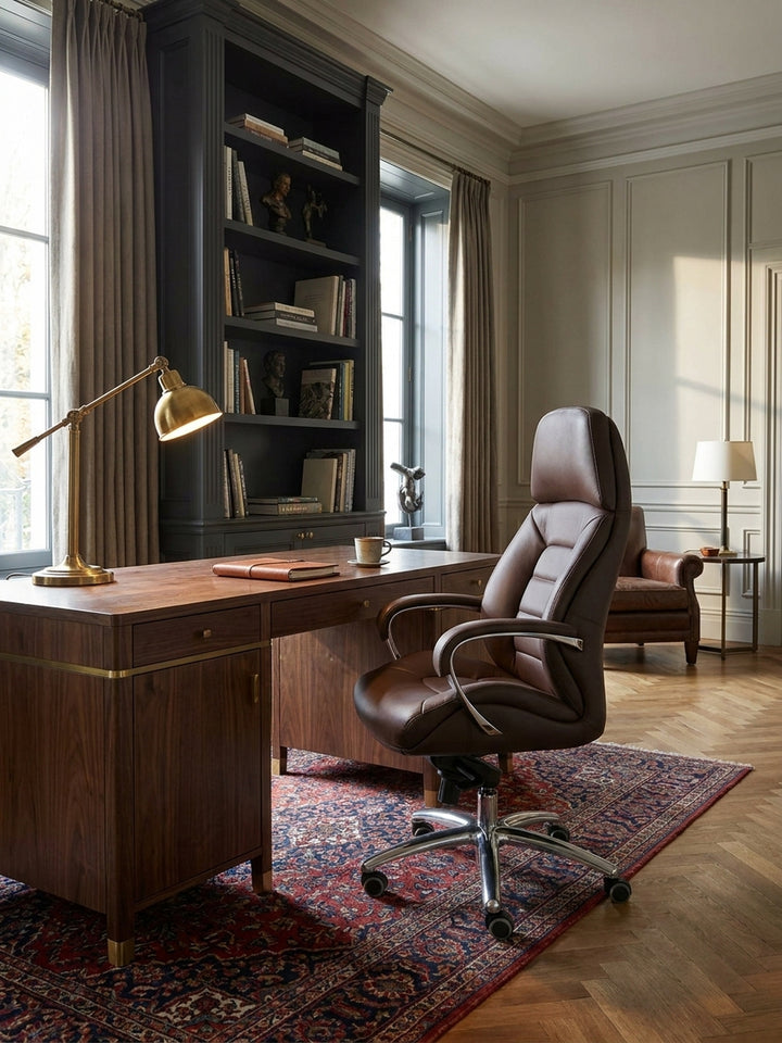 Ein brauner Chefsessel aus Echtleder kombiniert mit einem antiken Holzschreibtisch und dunklen, deckenhohen Bücherregalen in einem klassischen Arbeitszimmer._