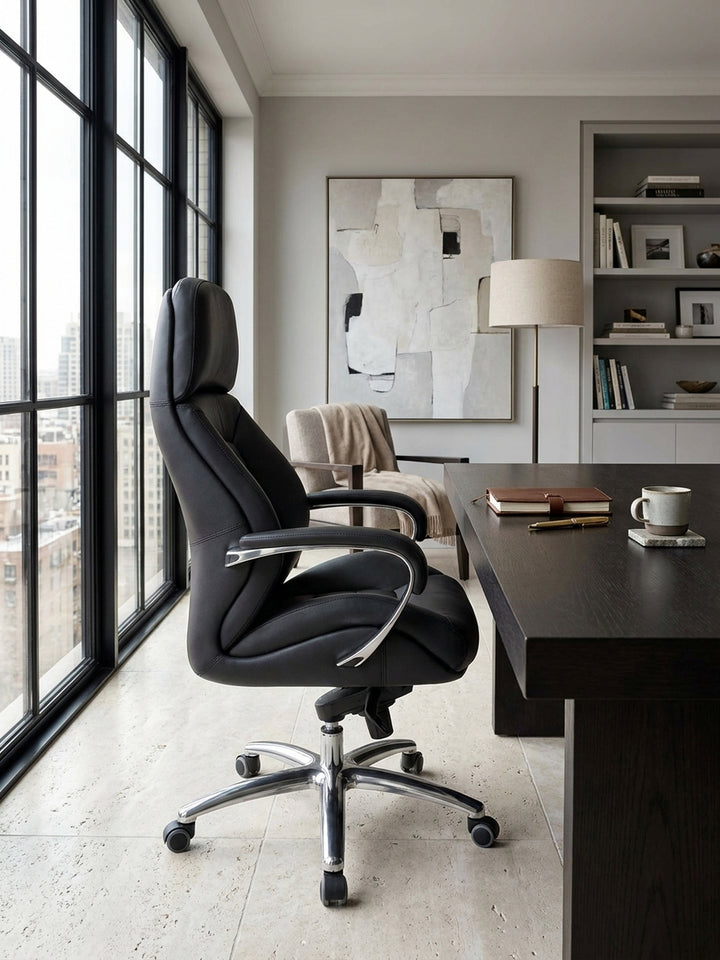 Bürostuhl Eiche Massivholz schwarz 67x67x137 cm kombiniert mit passenden Möbeln Home-Office Einrichtungsidee Möbelensemble mit Rollen und Höhenverstellung harmonisch Wohnen Interior Zuhause_