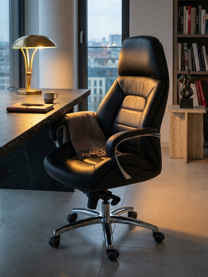 Bürostuhl aus natürlicher Eiche massiv im Einsatz Home-Office dekoriert mit Styling-Accessoires Wohnatmosphäre mit Rollen und Höhenverstellung gemütlich eingerichtet Wohnen Einrichtung_