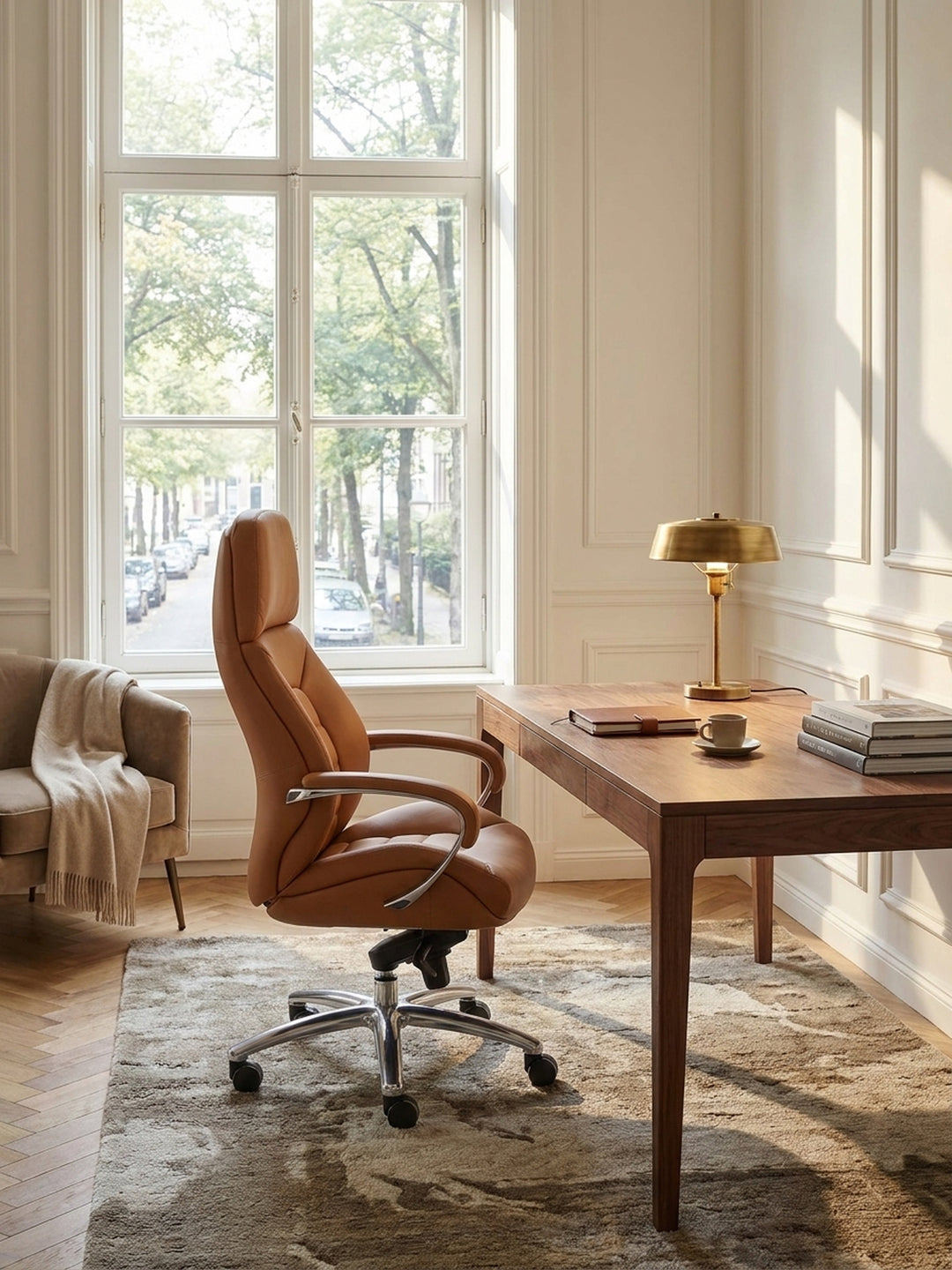 Bürostuhl Eiche Massivholz 67x67x137 cm kombiniert mit passenden Möbeln Home Office Einrichtungsidee Möbelensemble mit Rollen und Höhenverstellung harmonisch Wohnen Interior Zuhause Design_