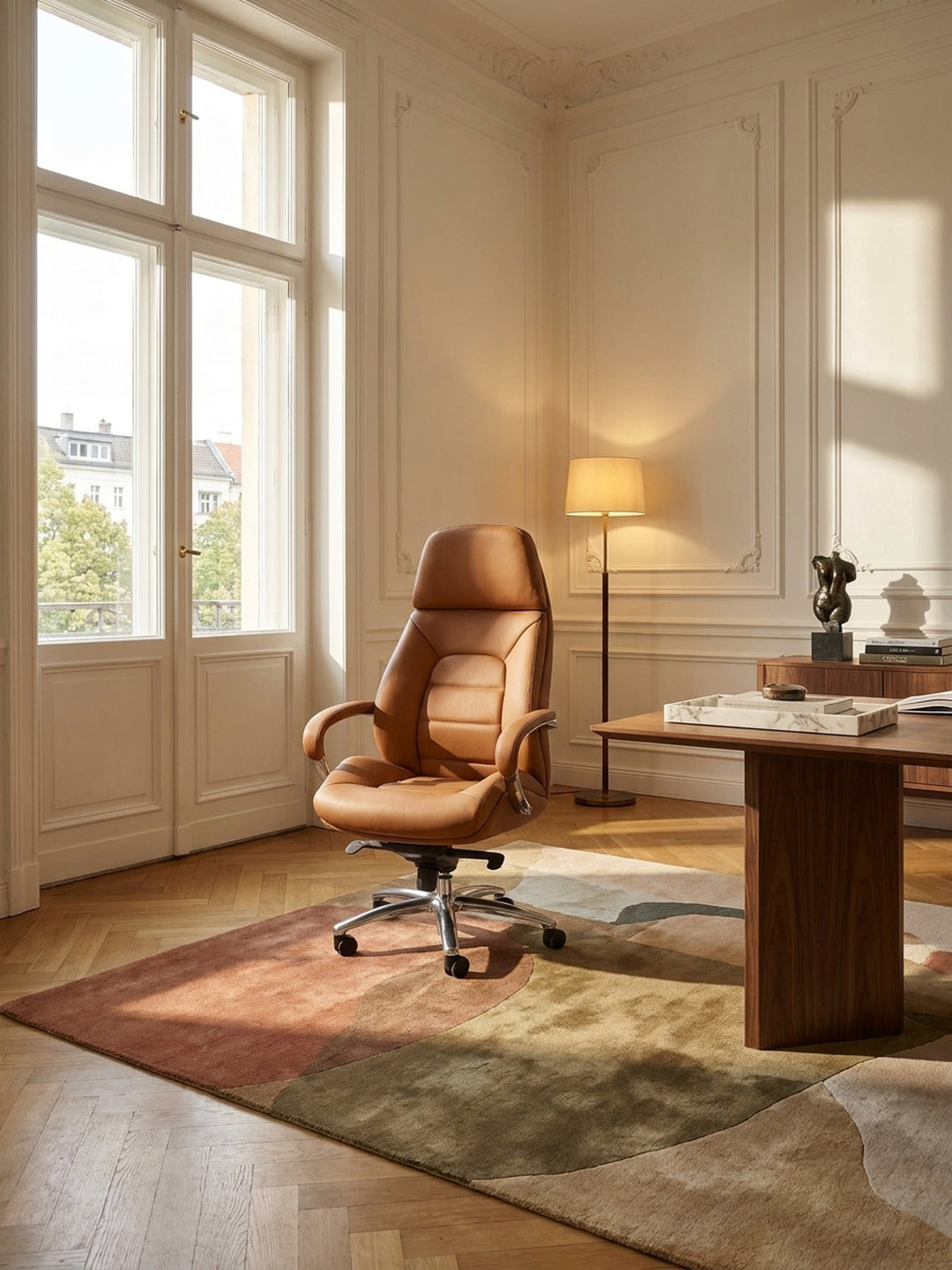 Bürostuhl Eiche Massivholz 67x67x137 cm in elegantem Pariser Home Office Einrichtung Design Möbel mit Rollen und Höhenverstellung hochwertig modern stilvoll einrichten Wohnen Interior_