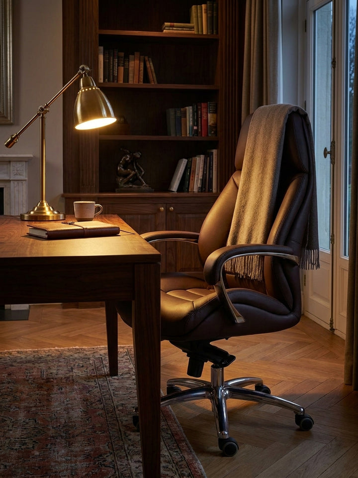 Nahansicht des gepolsterten Drehstuhls im Home Office auf der Schreibtischplatte davor liegen ein ledergebundenes Notizbuch und eine schwere Messinglampe._