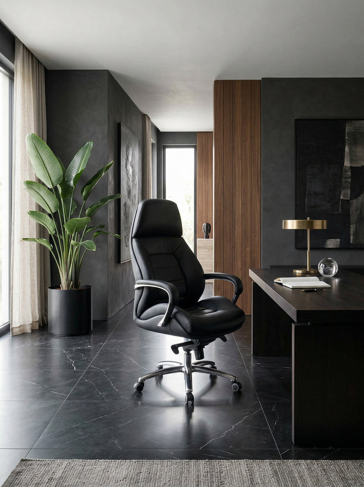 Chefsessel MIRON aus Leder_ Multiblockwippmechanik_ bis 120 kg_ Bürostuhl Echtleder - KADIMA DESIGN_Farbe_ Schwarz_ Größe_ 67x67x137 cm_