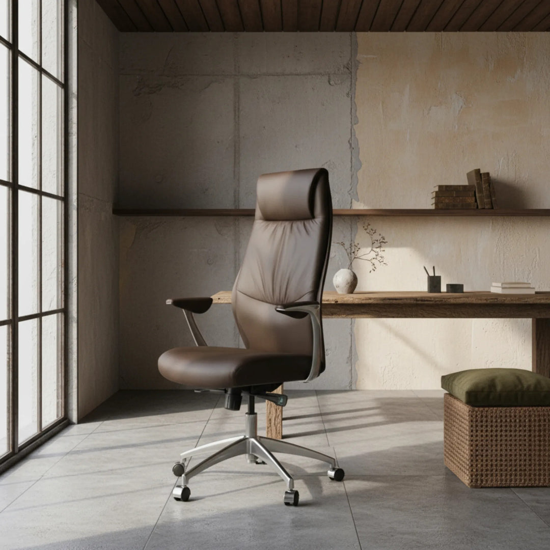 Chefsessel TEMZA aus braunem Echtleder mit Aluminiumfußkreuz von Kadima Design im modernen Bürointerieur_