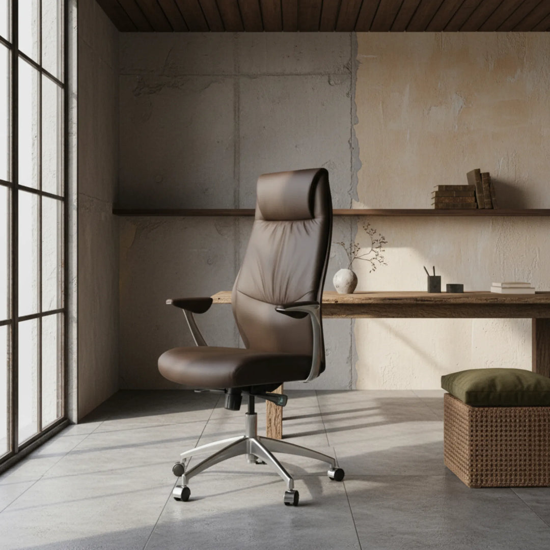Chefsessel TEMZA aus braunem Echtleder mit Aluminiumfußkreuz von Kadima Design im modernen Bürointerieur_