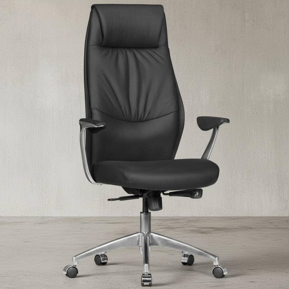 Chefsessel TEMZA Echtleder_ Aluminium_ 3-Stufen Synchronmechanik_ bis 120 kg_ 8 Stunden - KADIMA DESIGN_Farbe_ Schwarz_ Größe_ 67x58x125 cm_
