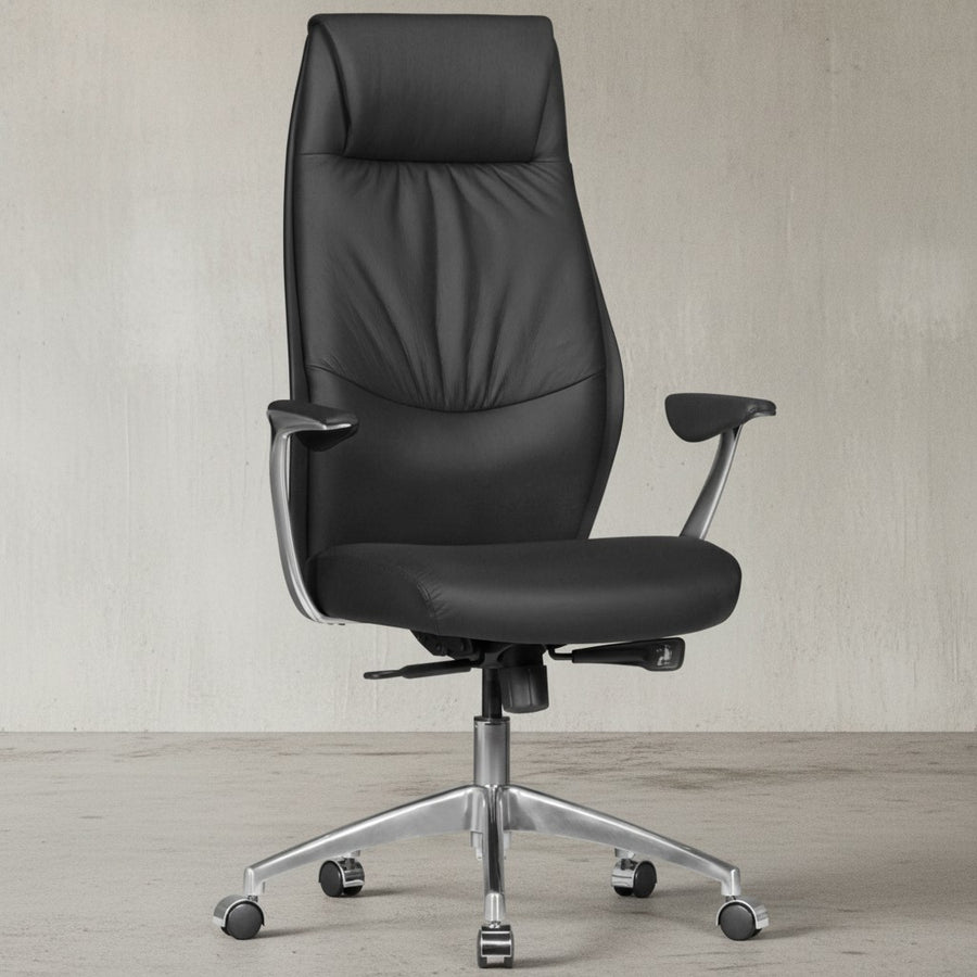 Chefsessel TEMZA Echtleder_ Aluminium_ 3-Stufen Synchronmechanik_ bis 120 kg_ 8 Stunden - KADIMA DESIGN_Farbe_ Schwarz_ Größe_ 67x58x125 cm_