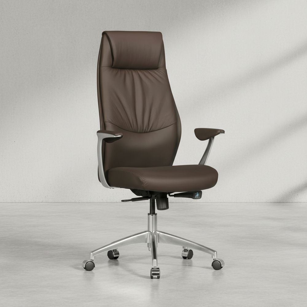 Chefsessel TEMZA Echtleder_ Aluminium_ 3-Stufen Synchronmechanik_ bis 120 kg_ 8 Stunden - KADIMA DESIGN_Farbe_ Braun_ Größe_ 67x58x125 cm_