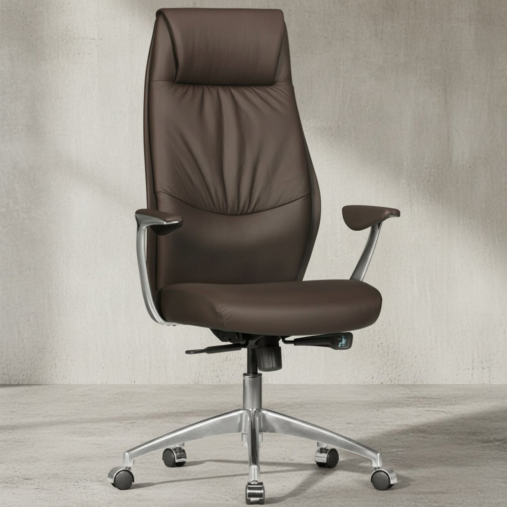 Chefsessel TEMZA Echtleder_ Aluminium_ 3-Stufen Synchronmechanik_ bis 120 kg_ 8 Stunden - KADIMA DESIGN_Farbe_ Braun_ Größe_ 67x58x125 cm_