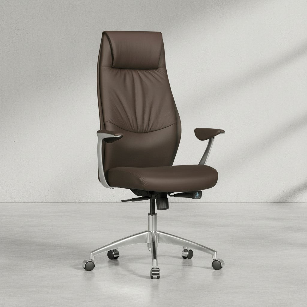 Chefsessel TEMZA Echtleder_ Aluminium_ 3-Stufen Synchronmechanik_ bis 120 kg_ 8 Stunden - KADIMA DESIGN_Farbe_ Braun_ Größe_ 67x58x125 cm_