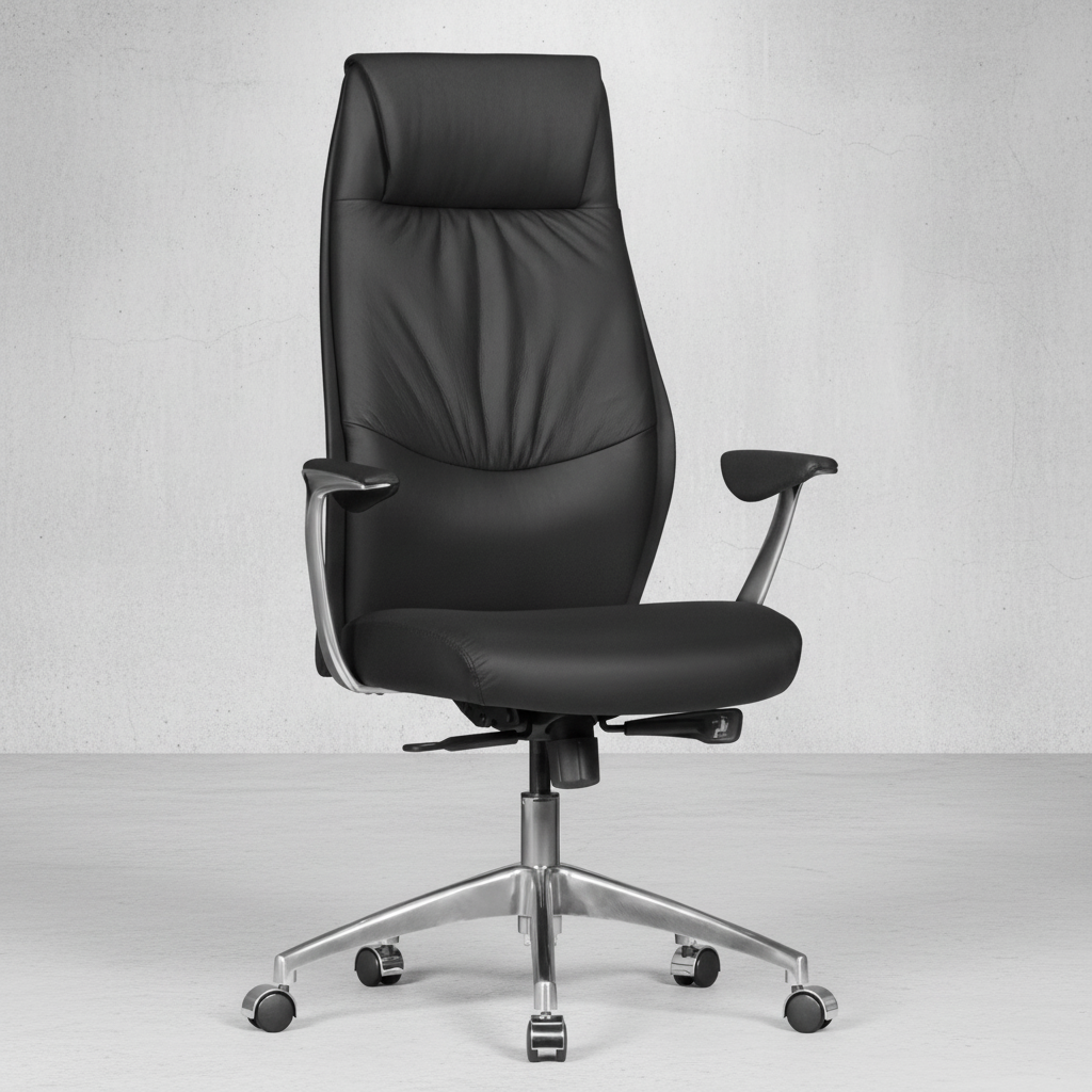 Chefsessel TEMZA Echtleder_ Aluminium_ 3-Stufen Synchronmechanik_ bis 120 kg_ 8 Stunden - KADIMA DESIGN_Farbe_ Schwarz_ Größe_ 67x58x125 cm_