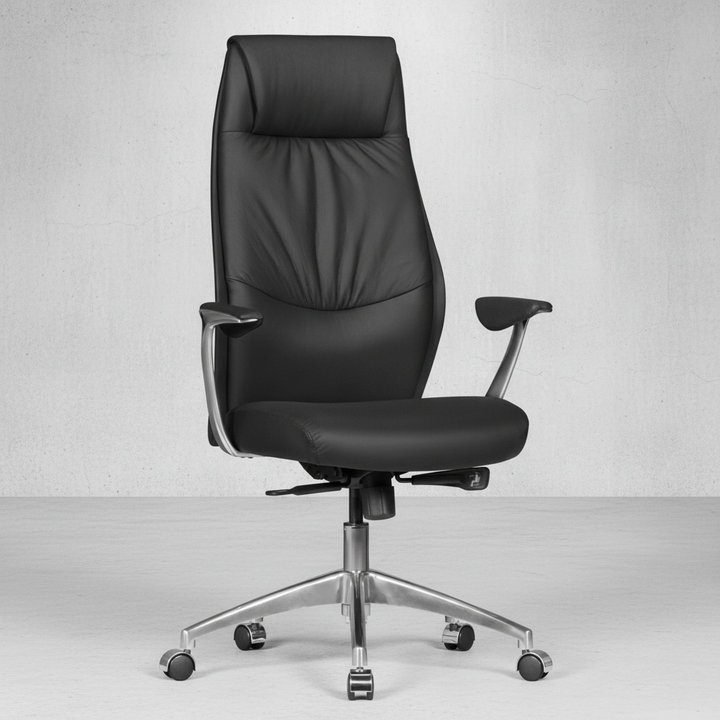 Chefsessel TEMZA Echtleder_ Aluminium_ 3-Stufen Synchronmechanik_ bis 120 kg_ 8 Stunden - KADIMA DESIGN_Farbe_ Schwarz_ Größe_ 67x58x125 cm_