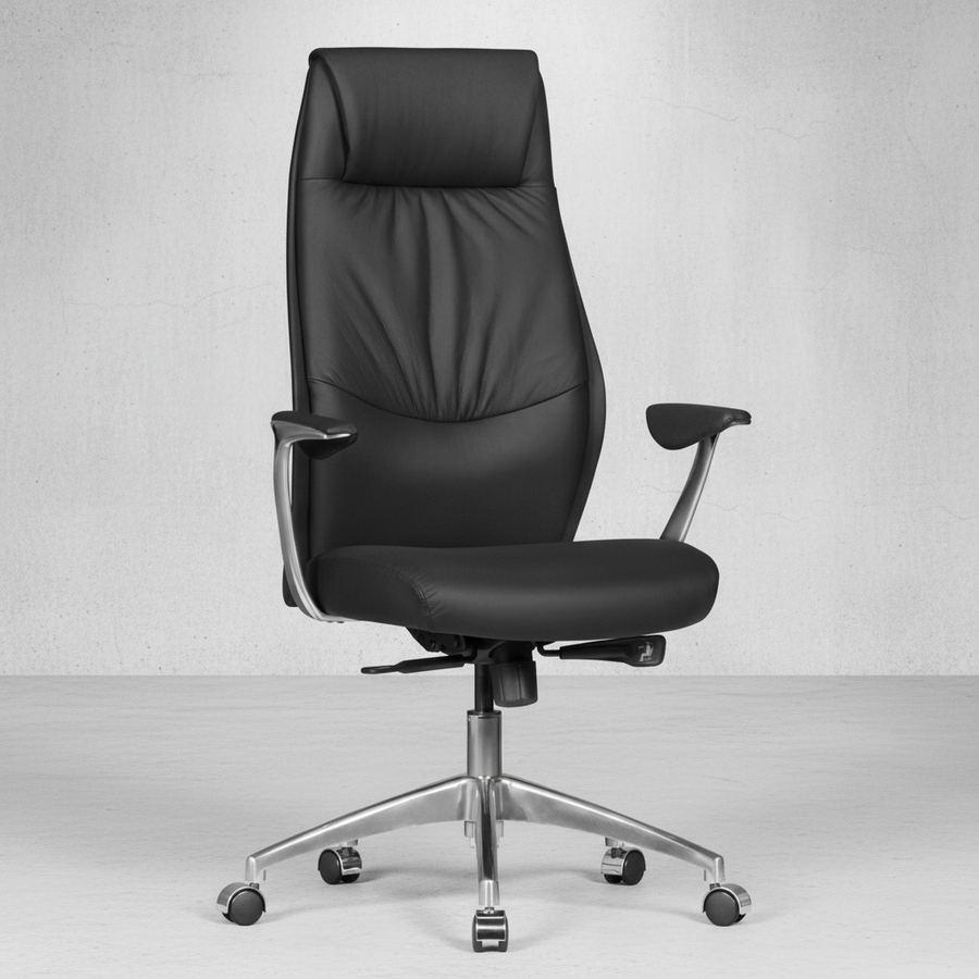 Chefsessel TEMZA Echtleder_ Aluminium_ 3-Stufen Synchronmechanik_ bis 120 kg_ 8 Stunden - KADIMA DESIGN_Farbe_ Schwarz_ Größe_ 67x58x125 cm_