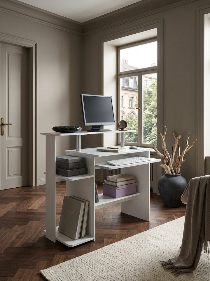 Computertisch_ Zeitloses Design_ Stauraum_ Tastaturauszug_ Spanplatte_ Weiß - KADIMA DESIGN_Größe_ 94x48x90 cm_
