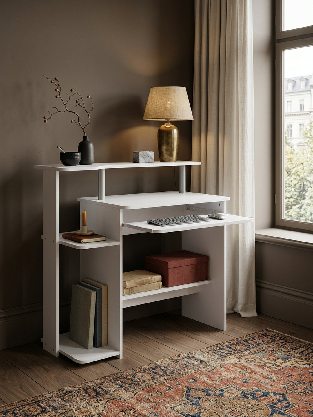 Computertisch_ Zeitloses Design_ Stauraum_ Tastaturauszug_ Spanplatte_ Weiß - KADIMA DESIGN_Größe_ 94x48x90 cm_