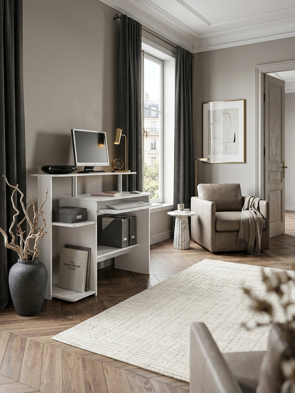 Computertisch_ Zeitloses Design_ Stauraum_ Tastaturauszug_ Spanplatte_ Weiß - KADIMA DESIGN_Größe_ 94x48x90 cm_