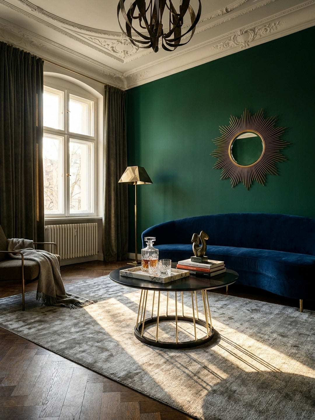 Runder schwarzer Couchtisch 80x80x42 cm mit goldfarbenem Stahlgestell im eleganten Wohnzimmer auf einem silbergrauen Seidenteppich._