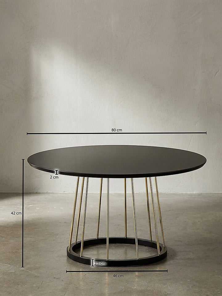 Technische Maßzeichnung des Couchtisches mit präzisen Angaben für den Durchmesser von 80 cm und die Gesamthöhe von 42 cm._
