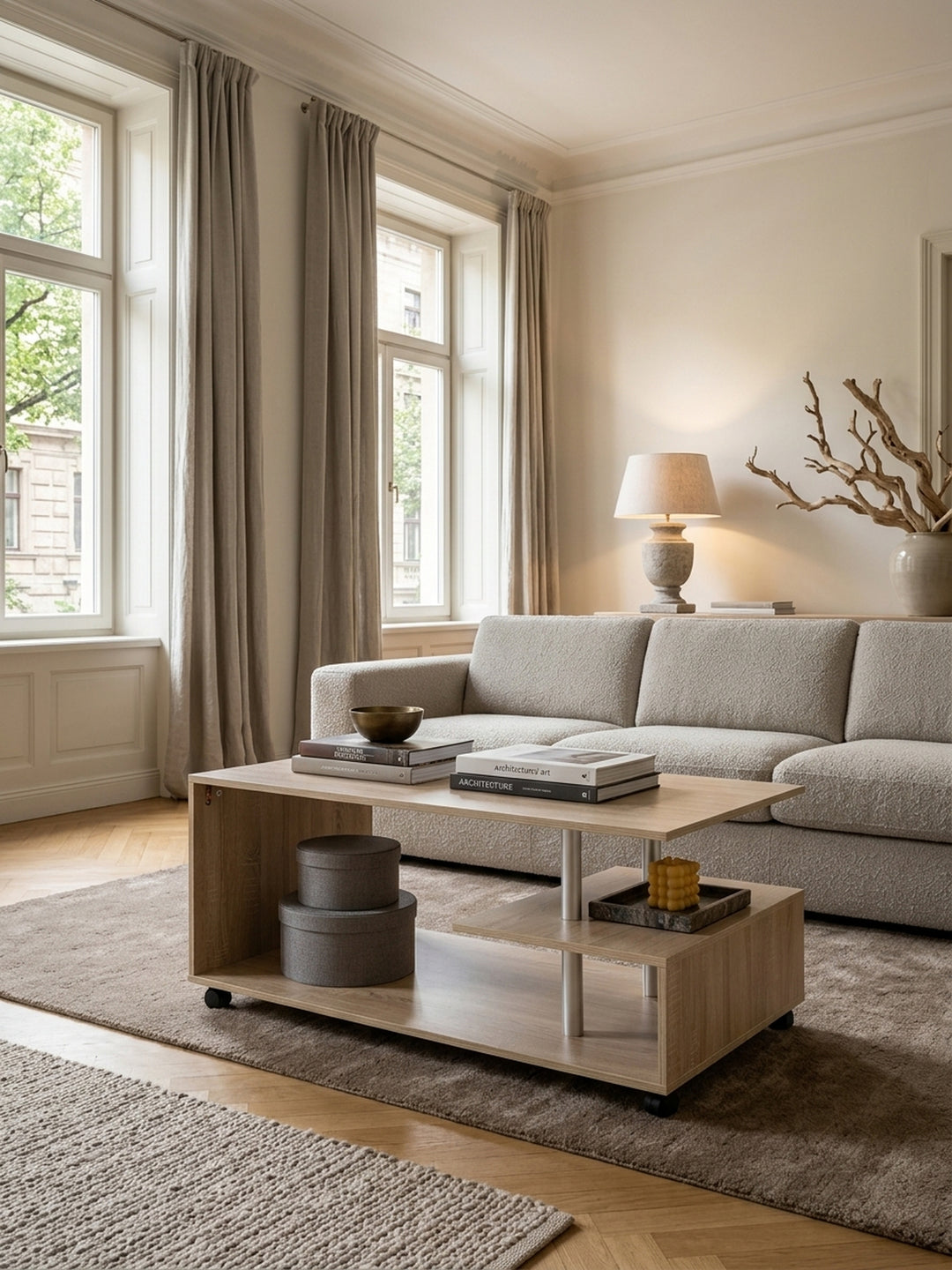 Eleganter Couchtisch in Sonoma Eiche Optik mit Rollen in einem luxuriösen Wohnzimmer. Die mehrstufige Holzplatte bietet viel Ablagefläche neben einem beigen Sofa im Modern Classic Stil._