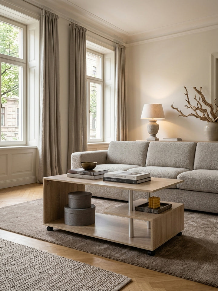 Eleganter Couchtisch in Sonoma Eiche Optik mit Rollen in einem luxuriösen Wohnzimmer. Die mehrstufige Holzplatte bietet viel Ablagefläche neben einem beigen Sofa im Modern Classic Stil._