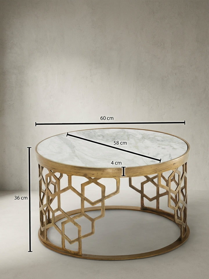 Technische Skizze des runden Couchtischs mit exakten Maßen: Gesamtdurchmesser 60 cm, Höhe 36 cm und Tischplatten-Durchmesser 58 cm für die Raumplanung._