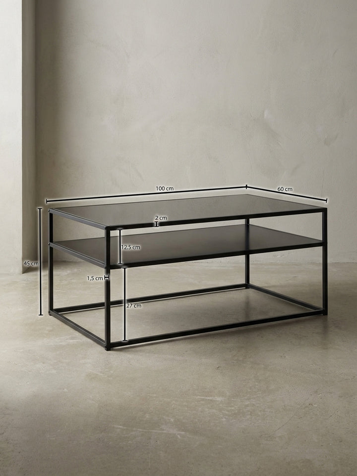 Technische Skizze des Couchtisches mit exakten Maßen: Breite 100 cm, Höhe 45 cm, Tiefe 60 cm, für eine präzise Raumplanung im Wohnzimmer._