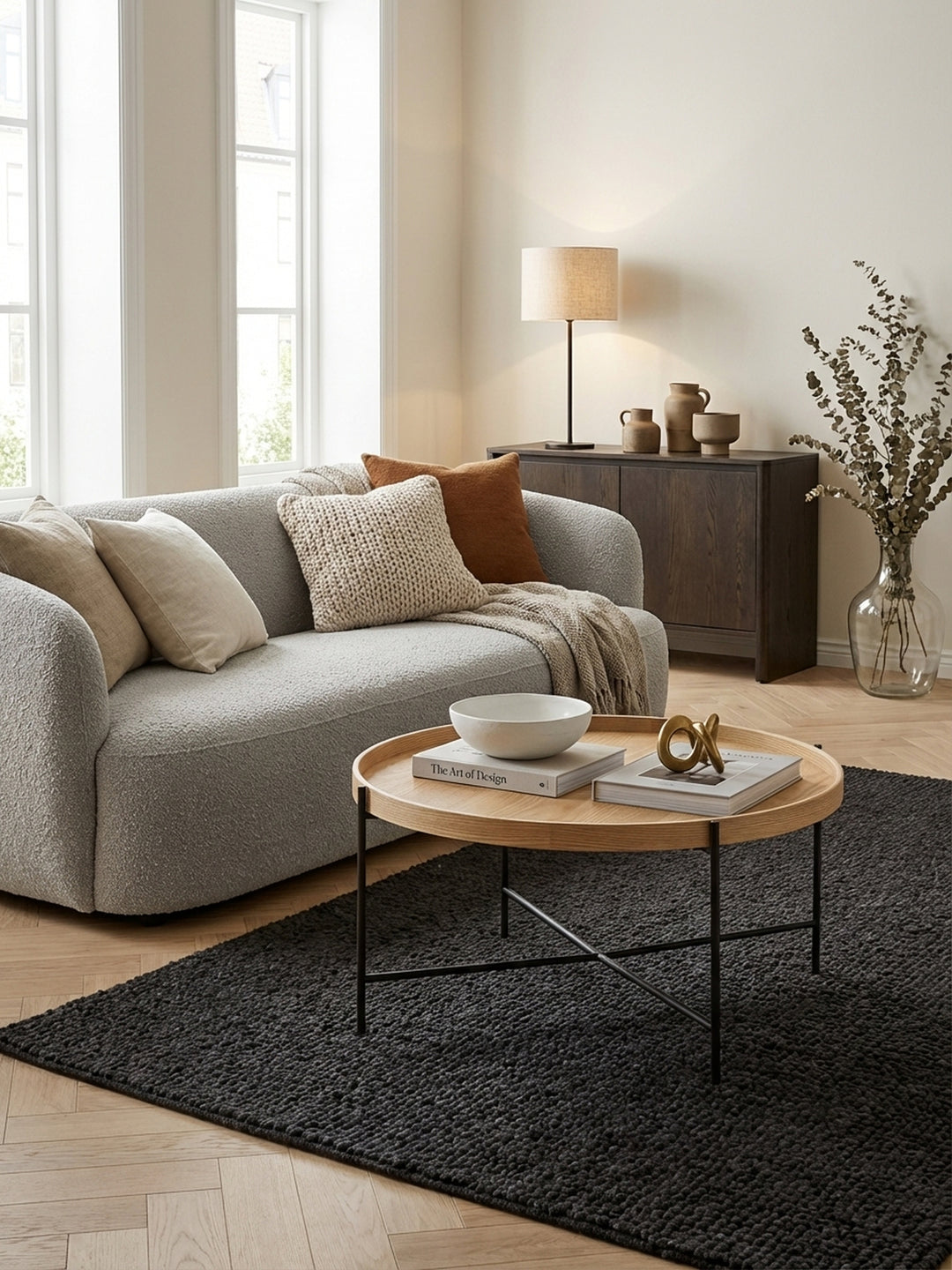 Design-Couchtisch 78x40 cm von oben fotografiert, zeigt die runde Eichenholzplatte mit erhöhtem Rand und die harmonische Anordnung im Wohnzimmer-Ambiente._