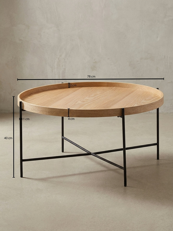 Technische Zeichnung des runden Couchtischs mit exakten Maßangaben: 78 cm Breite, 40 cm Höhe und 2 cm Plattenstärke für die präzise Raumplanung._