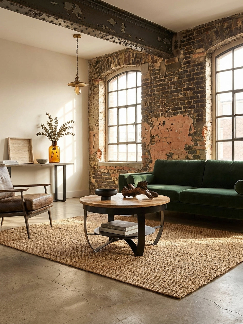 Eleganter runder Couchtisch aus Mango Massivholz und schwarzem Metall in einem stilvollen Loft-Wohnzimmer, dekoriert mit Vasen und Schalen._