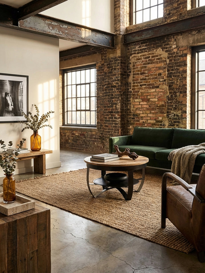 Draufsicht auf den Industrial-Couchtisch 60 cm mit Ablage, zentral platziert auf einem grauen Teppich vor einer modernen Ledercouch._