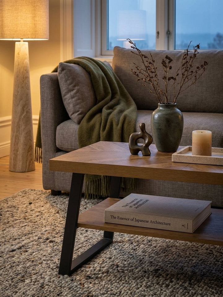 Design Wohnzimmertisch mit Fischgrätmuster und schwarzem Metallgestell, dekoriert mit Büchern und einer kleinen Terrakotta-Vase._